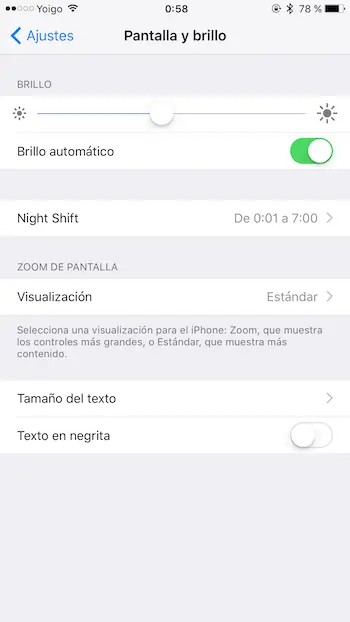 Menú Pantalla y brillo iOS 9