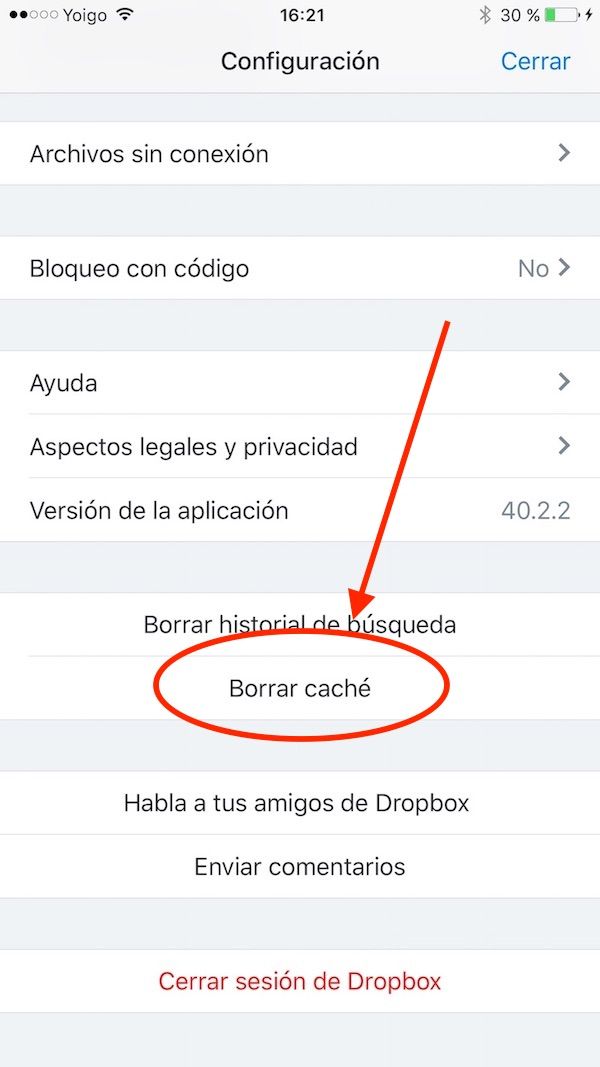 eliminar cache dropbox iphone ipad