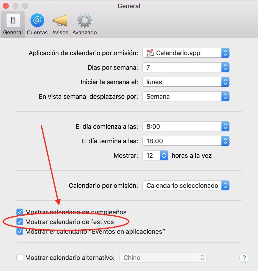 mostrar el calendario de festivos en Mac