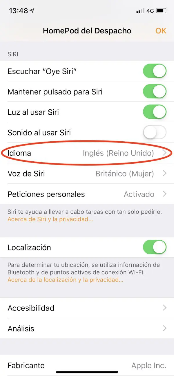 cambiar el idioma de Siri en HomePod